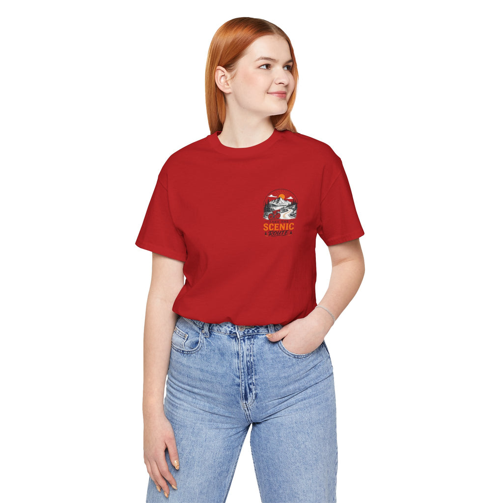 Scenic Route Graphic Tee — Vintage Road Trip Pocket Design