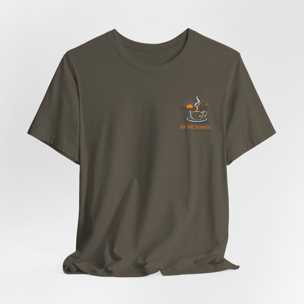 Coffee Sunrise Tee – 'Sip the Sunrise' Minimal Chest Graphic T-Shirt