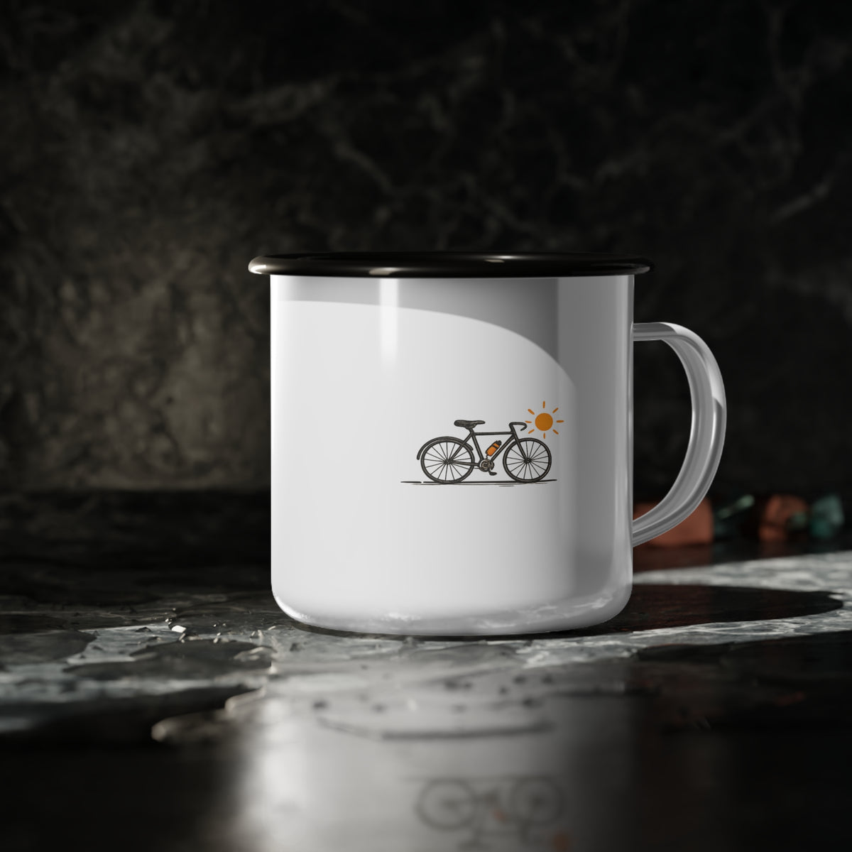 Minimal Bicycle Enamel Camp Mug, 12oz Campfire Coffee Cup, Outdoor Adventure Gift