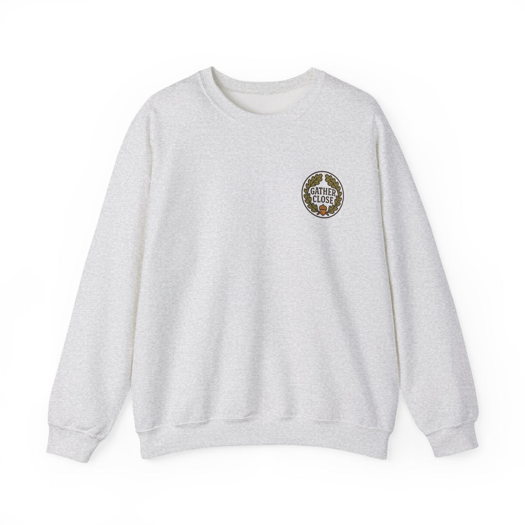 Thanksgiving Wreath Sweatshirt | Gather Close Emblem, Minimal Chest Print