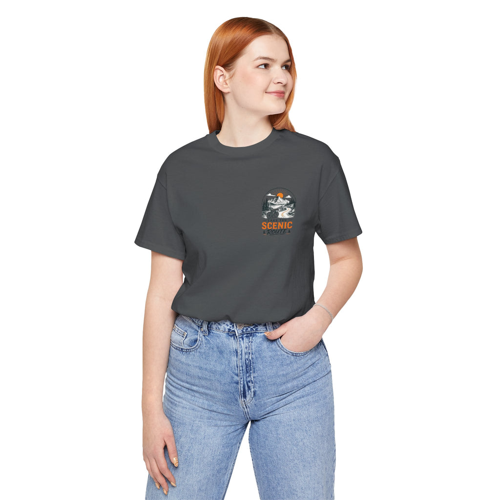 Scenic Route Graphic Tee — Vintage Road Trip Pocket Design