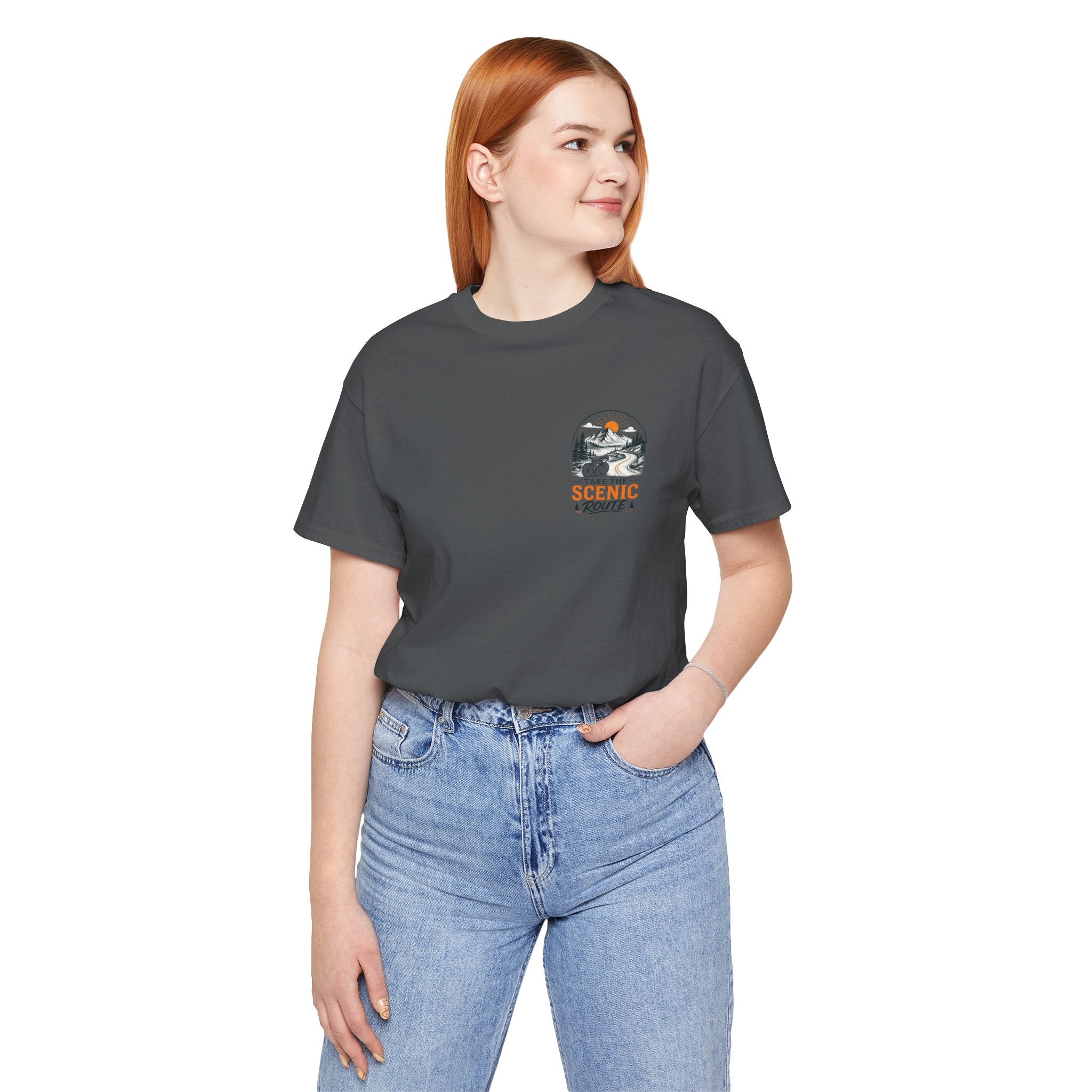Scenic Route Graphic Tee — Vintage Road Trip Pocket Design