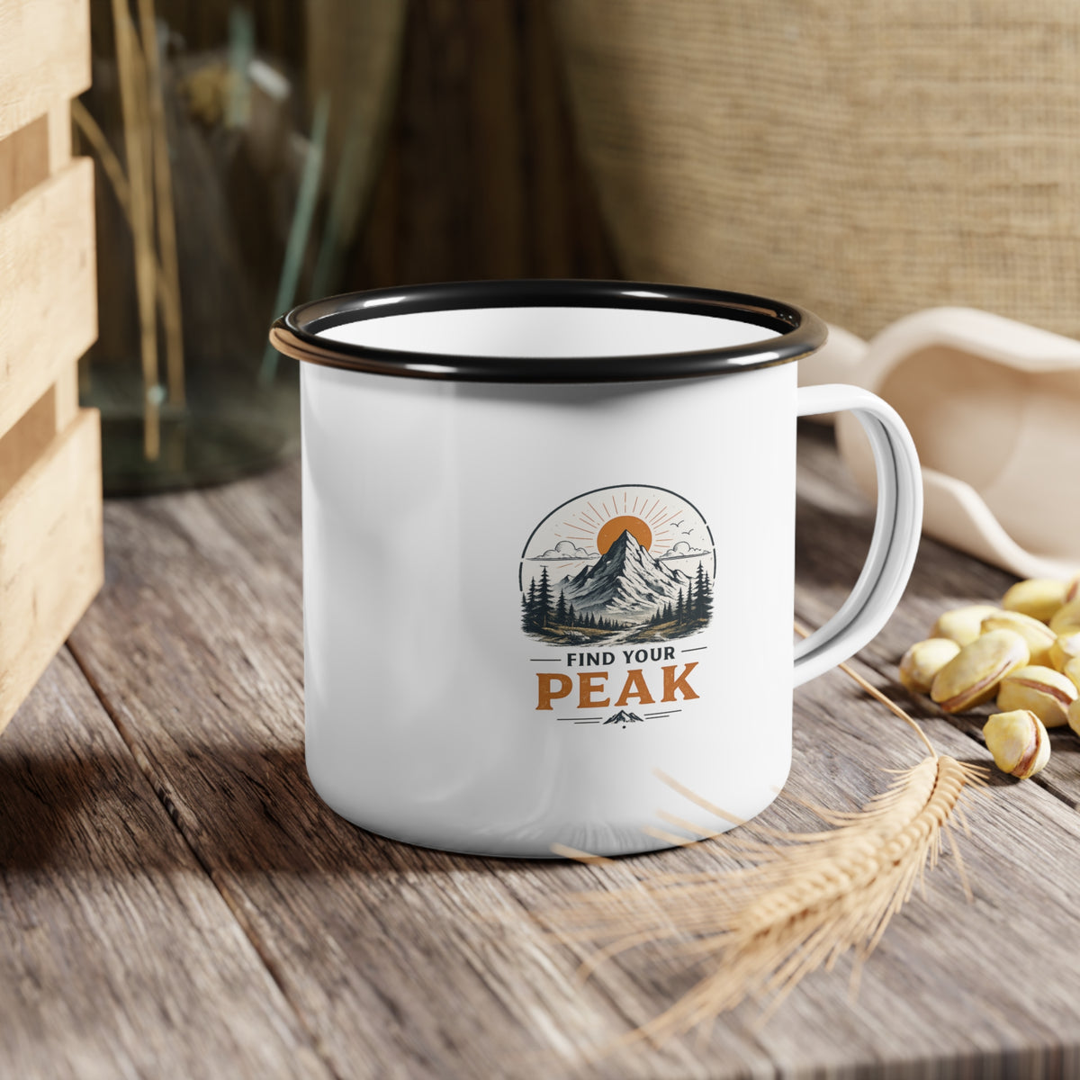 Find Your Peak Mountain Enamel Camp Mug, 12oz Campfire Coffee Cup, Outdoor Adventure Gift