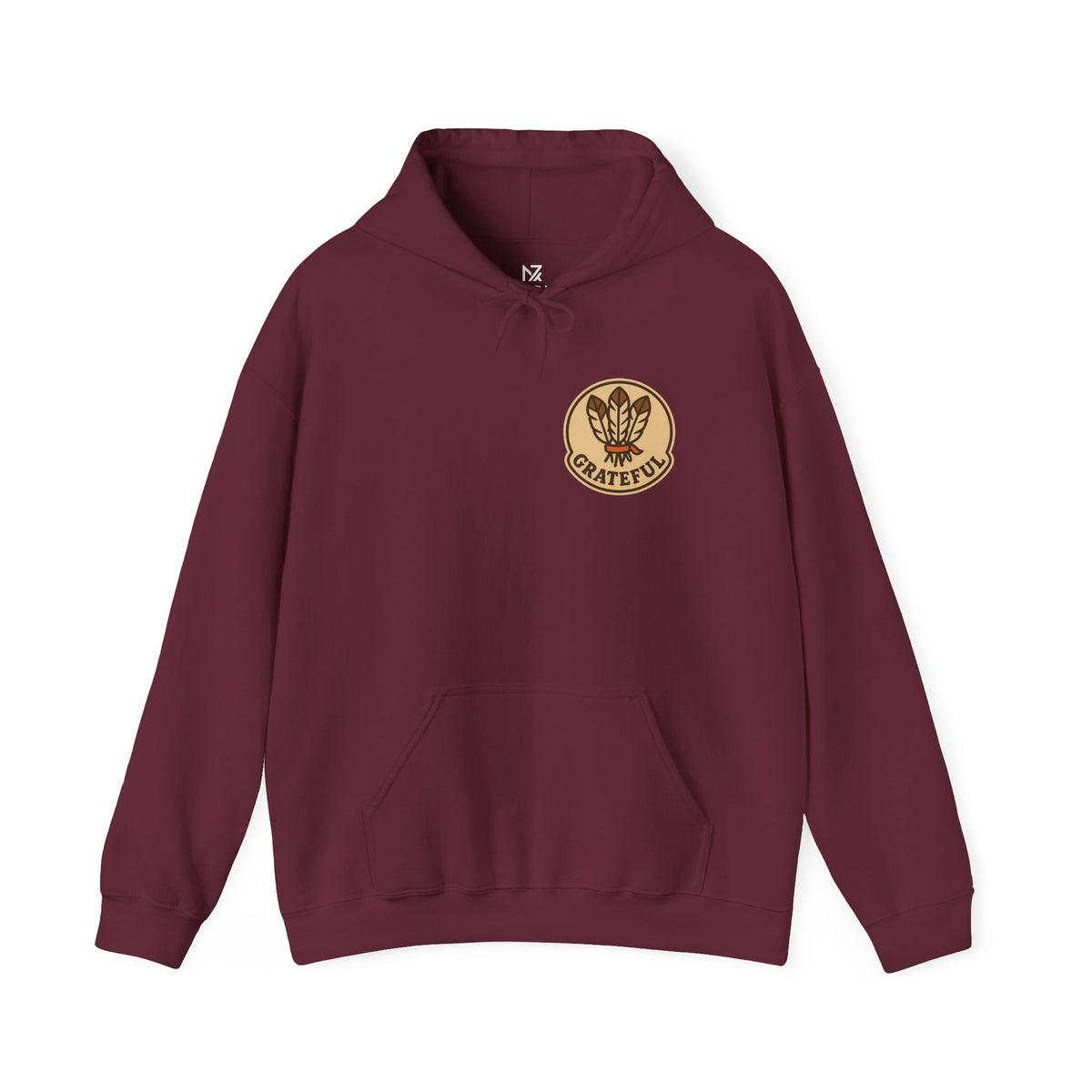 Thanksgiving Hostess Gift Hoodie | Grateful Emblem Over Heart, Small Left-Chest Print