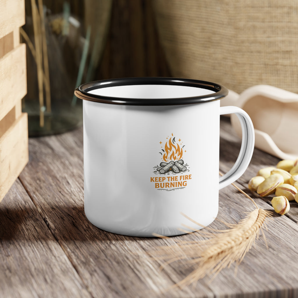Keep the Fire Burning Campfire Enamel Camp Mug, 12oz Campfire Coffee Cup, Outdoor Adventure Gift