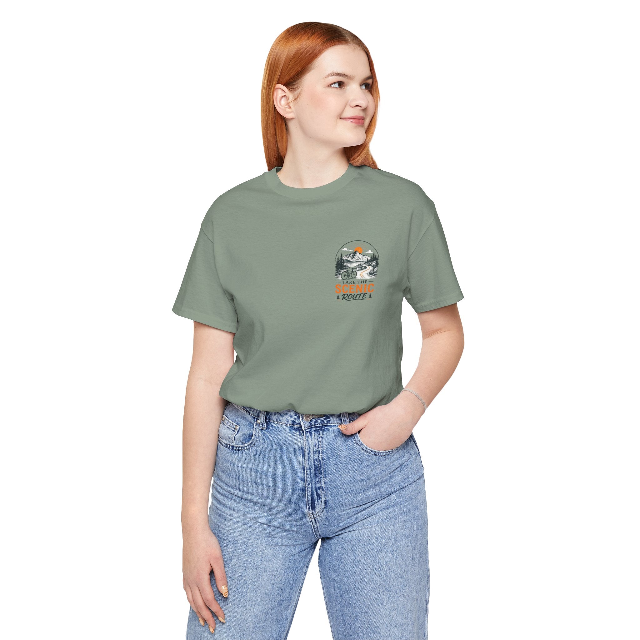 Scenic Route Graphic Tee — Vintage Road Trip Pocket Design