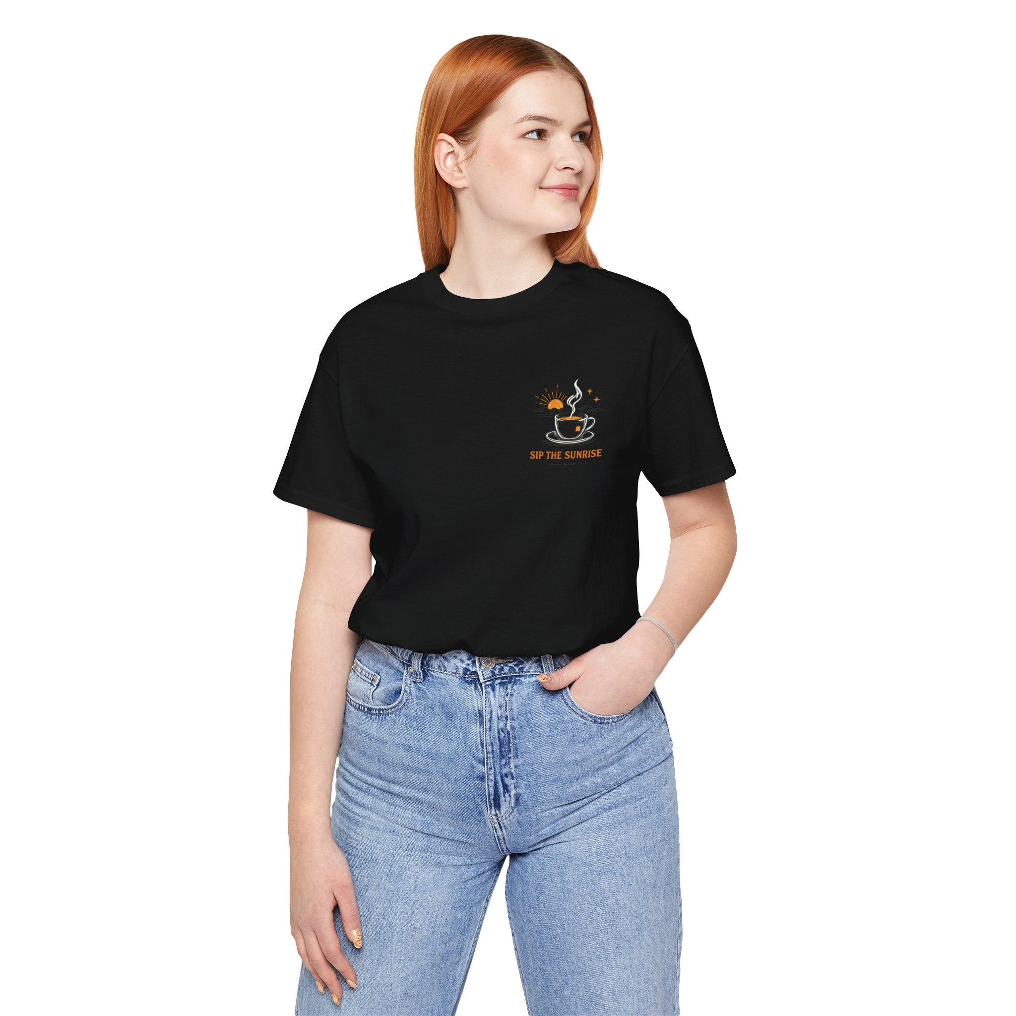 Coffee Sunrise Tee – 'Sip the Sunrise' Minimal Chest Graphic T-Shirt