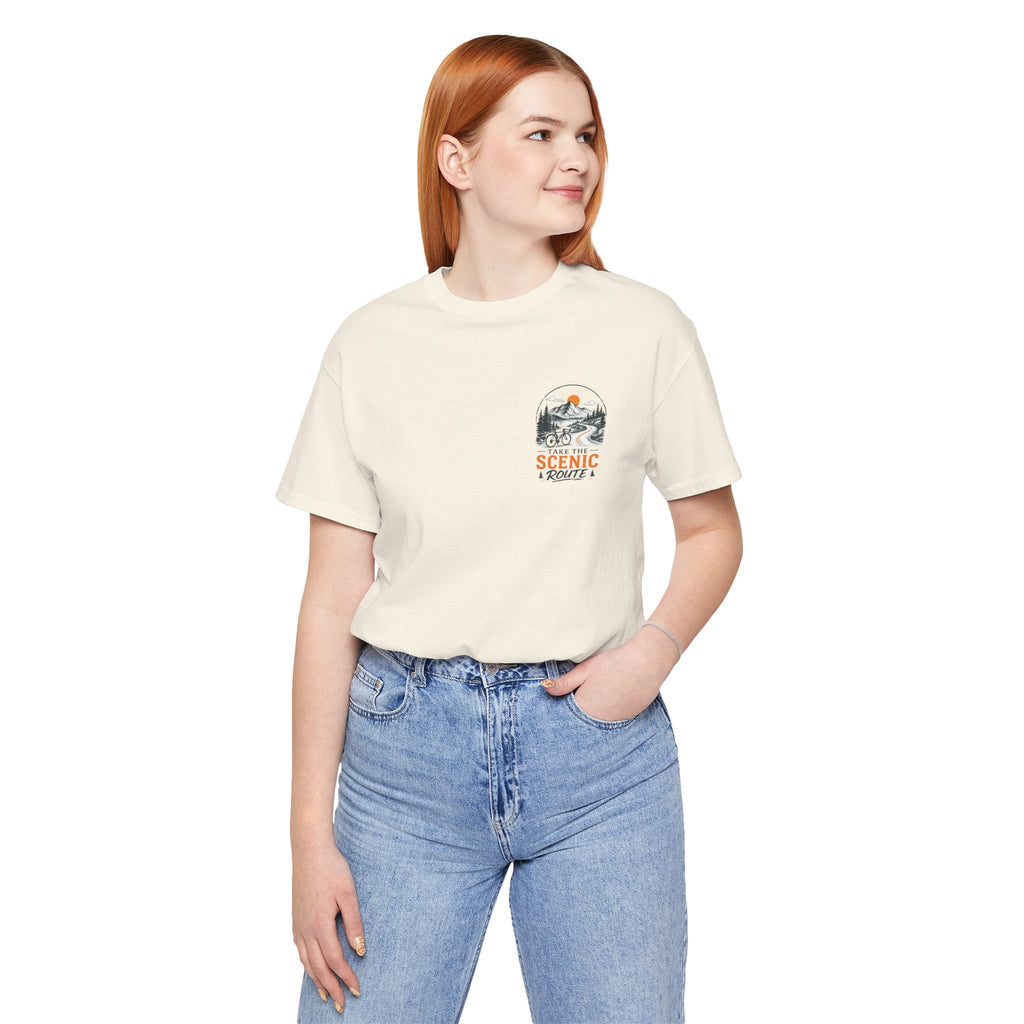 Scenic Route Graphic Tee — Vintage Road Trip Pocket Design