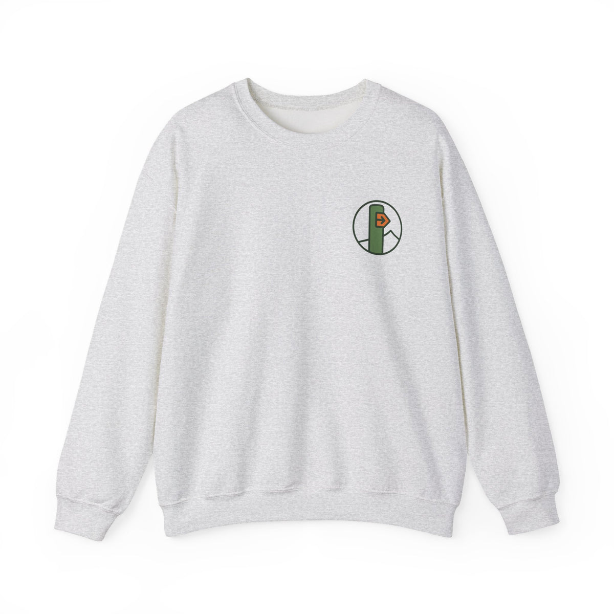 Hiking Sweatshirt | Trail Marker Emblem, Small Chest Print