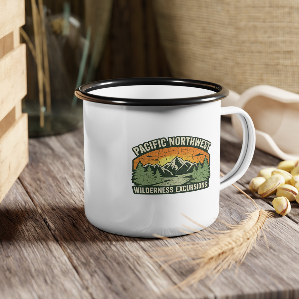 Pacific Northwest Wilderness Enamel Camp Mug, 12oz Campfire Coffee Cup, Outdoor Adventure Gift