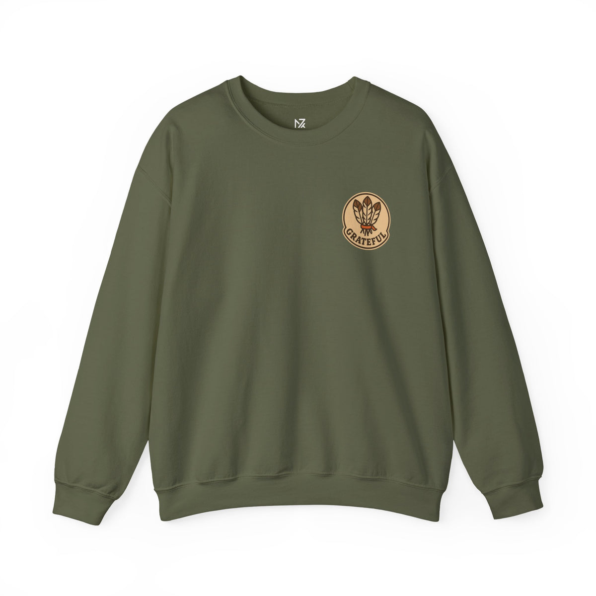 Thanksgiving Hostess Gift Sweatshirt | Grateful Emblem Over Heart, Small Left-Chest Print