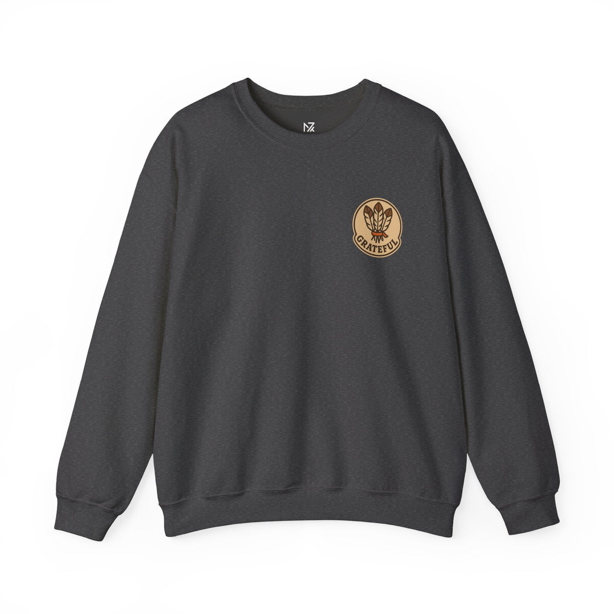 Thanksgiving Hostess Gift Sweatshirt | Grateful Emblem Over Heart, Small Left-Chest Print