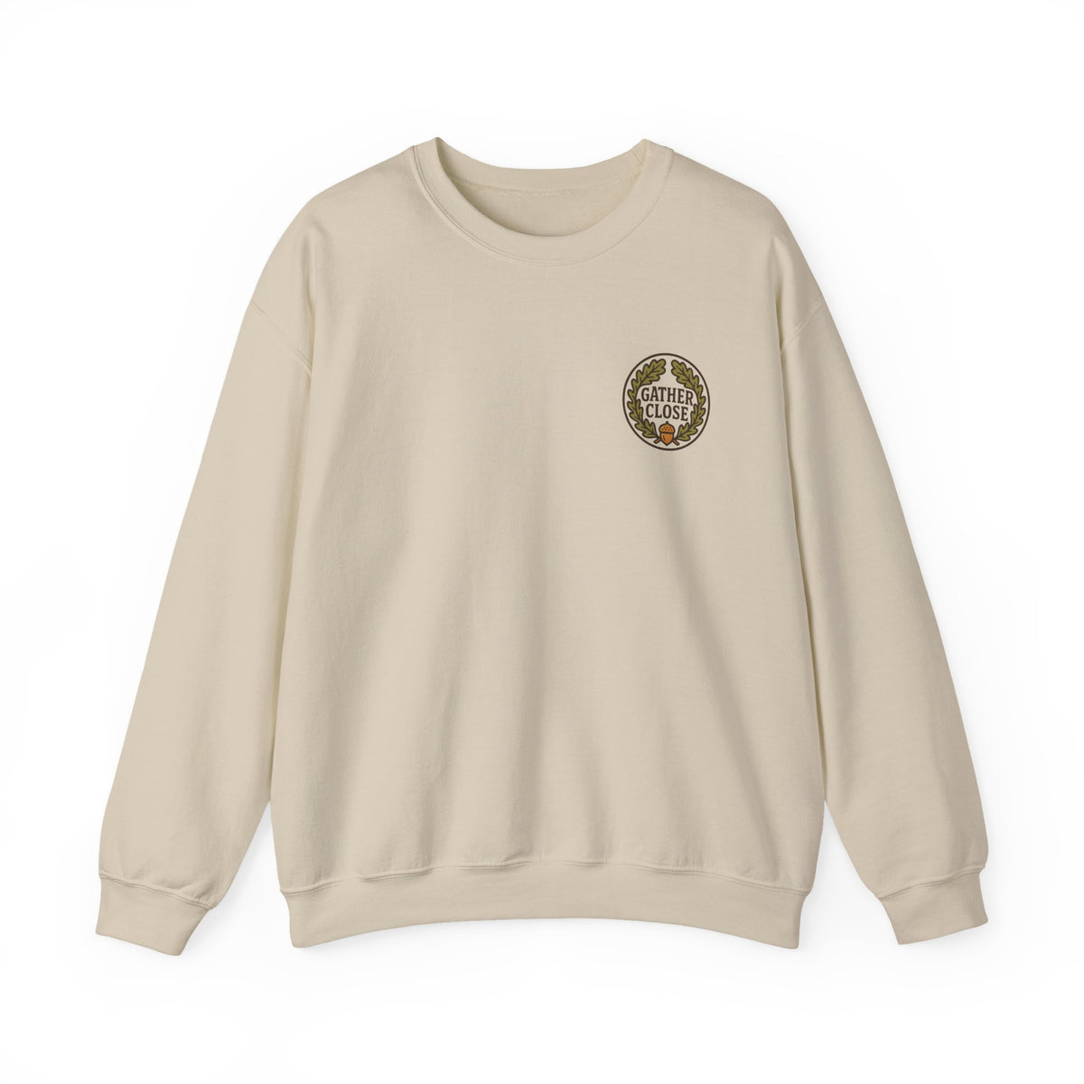 Thanksgiving Wreath Sweatshirt | Gather Close Emblem, Minimal Chest Print