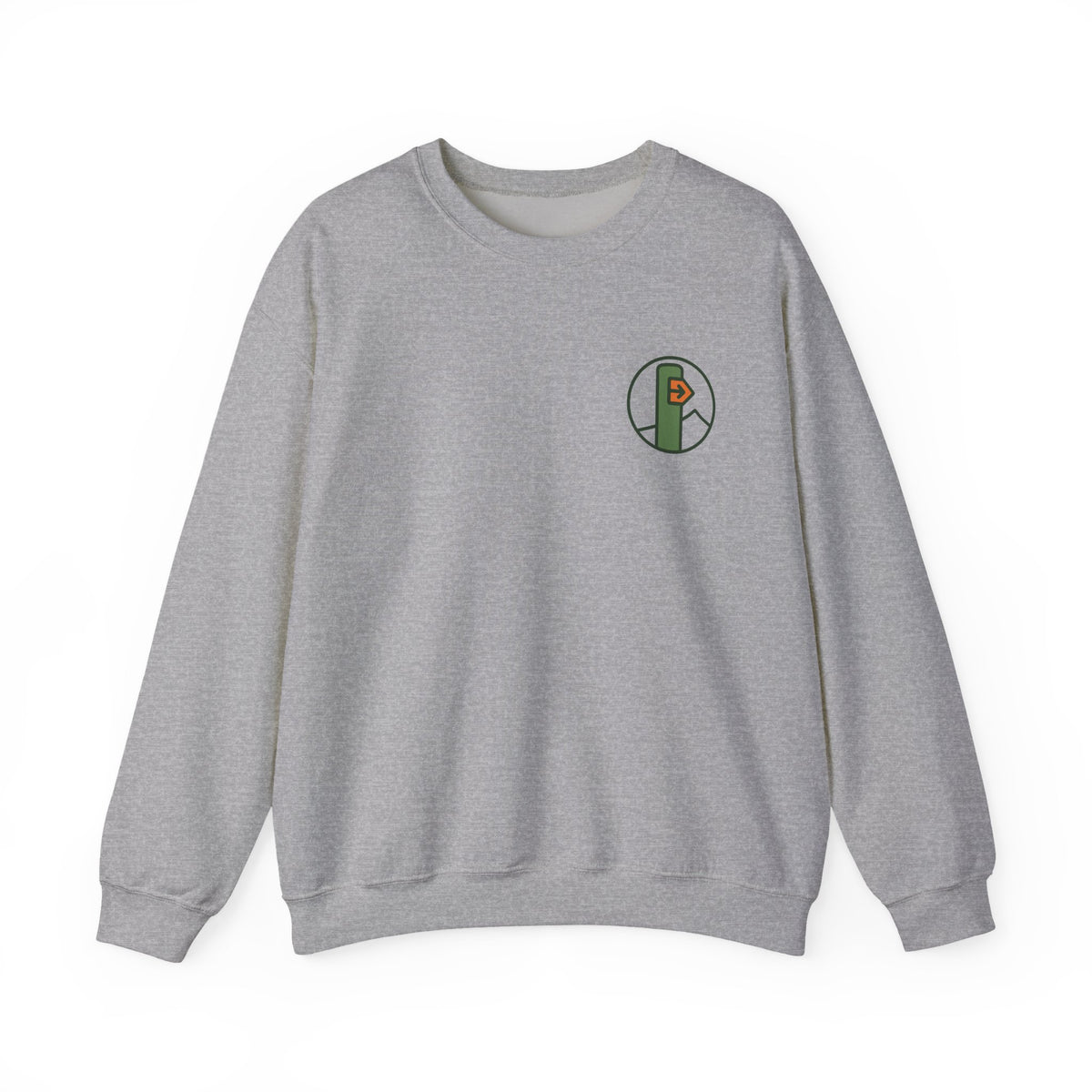 Hiking Sweatshirt | Trail Marker Emblem, Small Chest Print