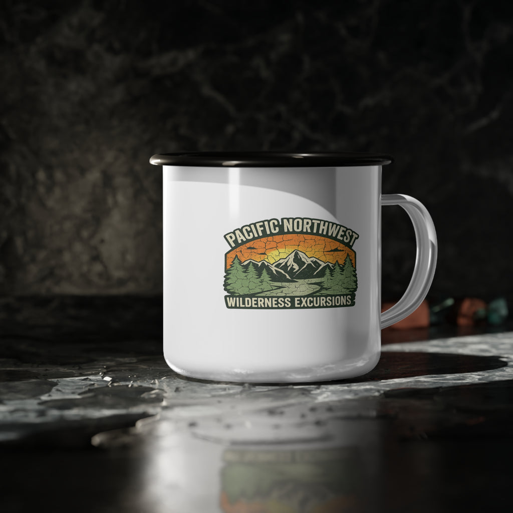 Pacific Northwest Wilderness Enamel Camp Mug, 12oz Campfire Coffee Cup, Outdoor Adventure Gift