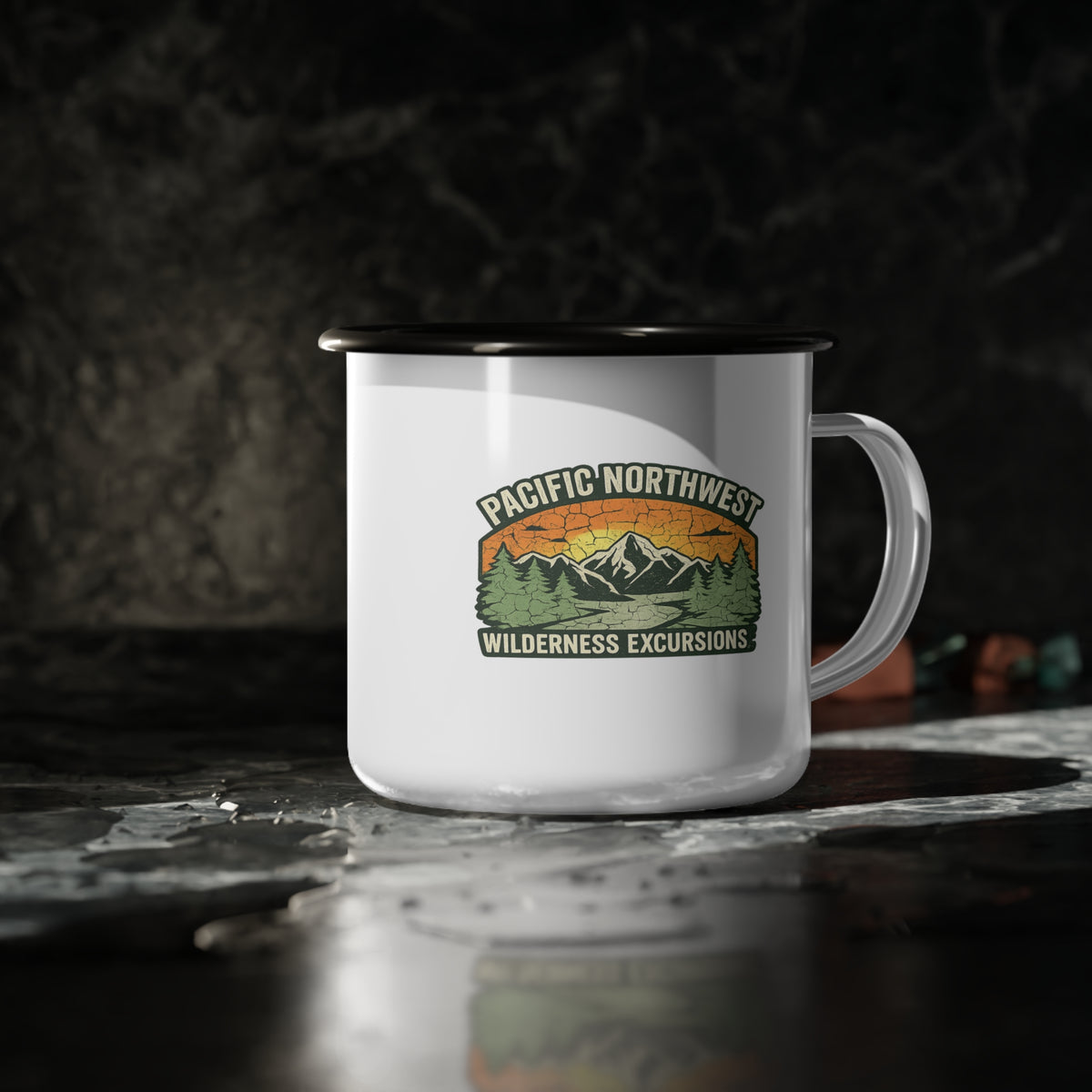 Pacific Northwest Wilderness Enamel Camp Mug, 12oz Campfire Coffee Cup, Outdoor Adventure Gift