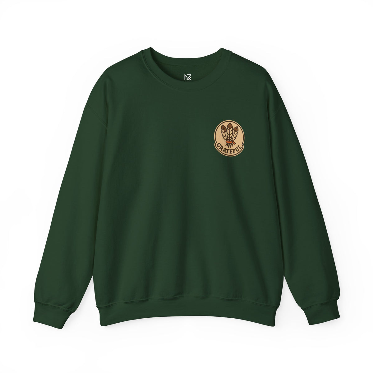 Thanksgiving Hostess Gift Sweatshirt | Grateful Emblem Over Heart, Small Left-Chest Print