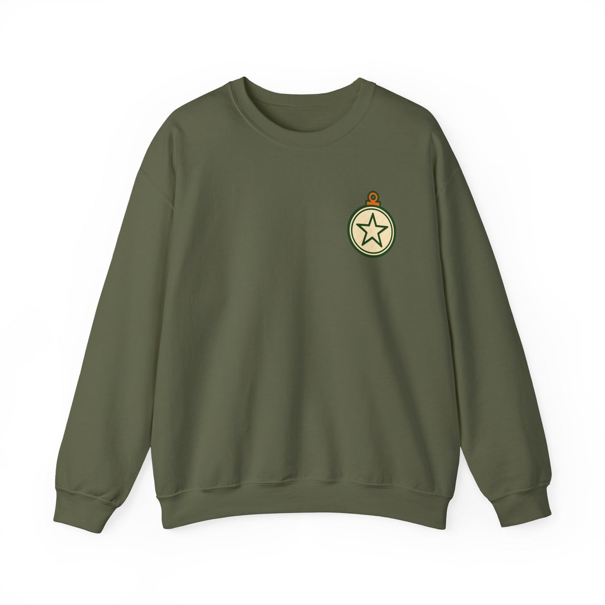 Christmas Ornament Sweatshirt | Vintage Star Badge, Small Chest Print