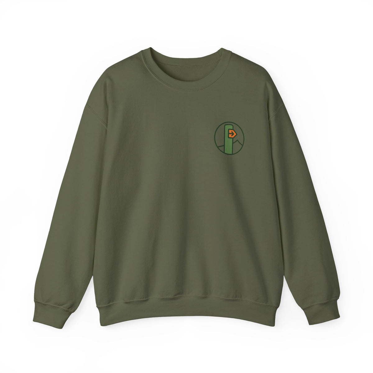 Hiking Sweatshirt | Trail Marker Emblem, Small Chest Print