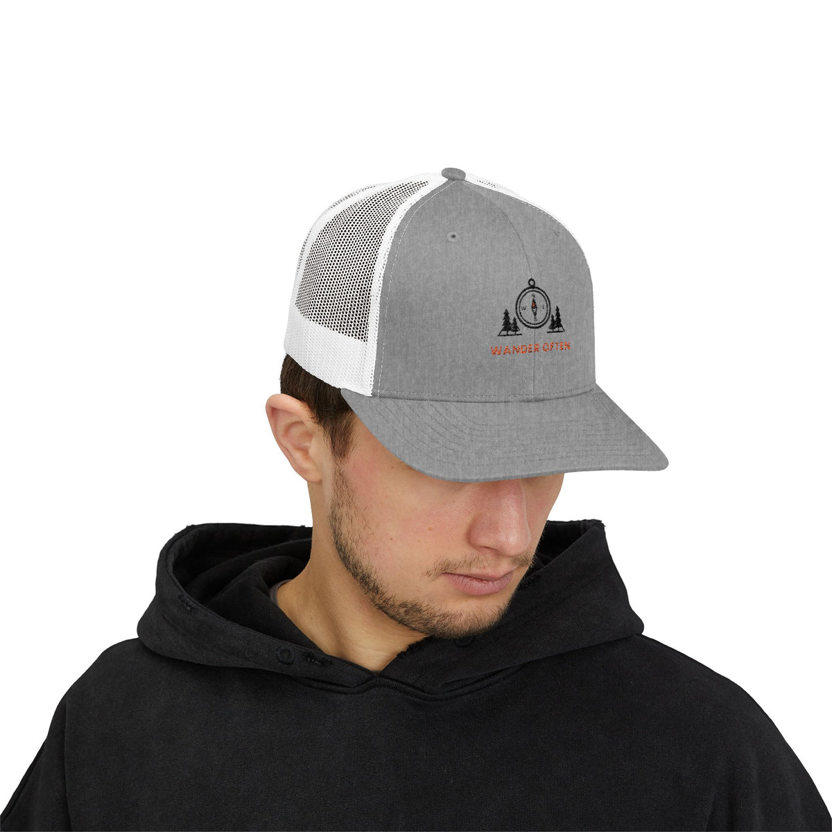 Wander Often Trucker Hat, Vintage Line Art Outdoor Cap, Mesh Back Snapback, Hiking Camping Gift