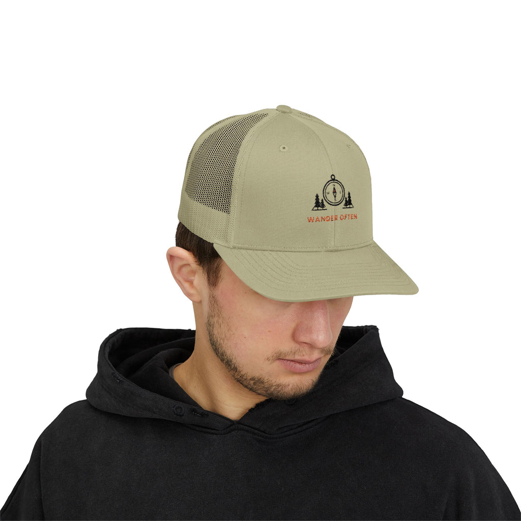 Wander Often Trucker Hat, Vintage Line Art Outdoor Cap, Mesh Back Snapback, Hiking Camping Gift