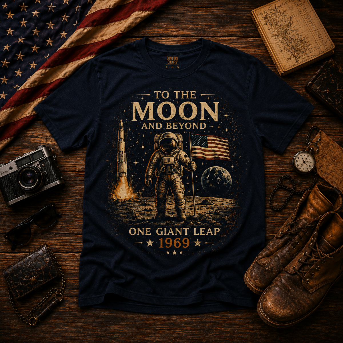 To The Moon and Beyond astronaut graphic T-shirt | One Giant Leap 1969