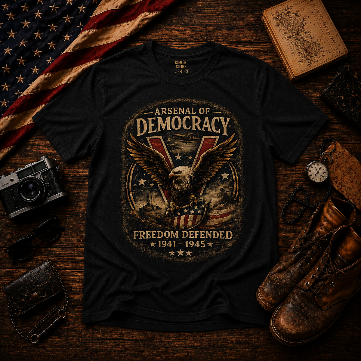 Arsenal of Democracy Shirt, WWII Patriotic Tee, Vintage Eagle Graphic T-Shirt, Freedom Defended 1941 1945 Shirt, American Pride Tee
