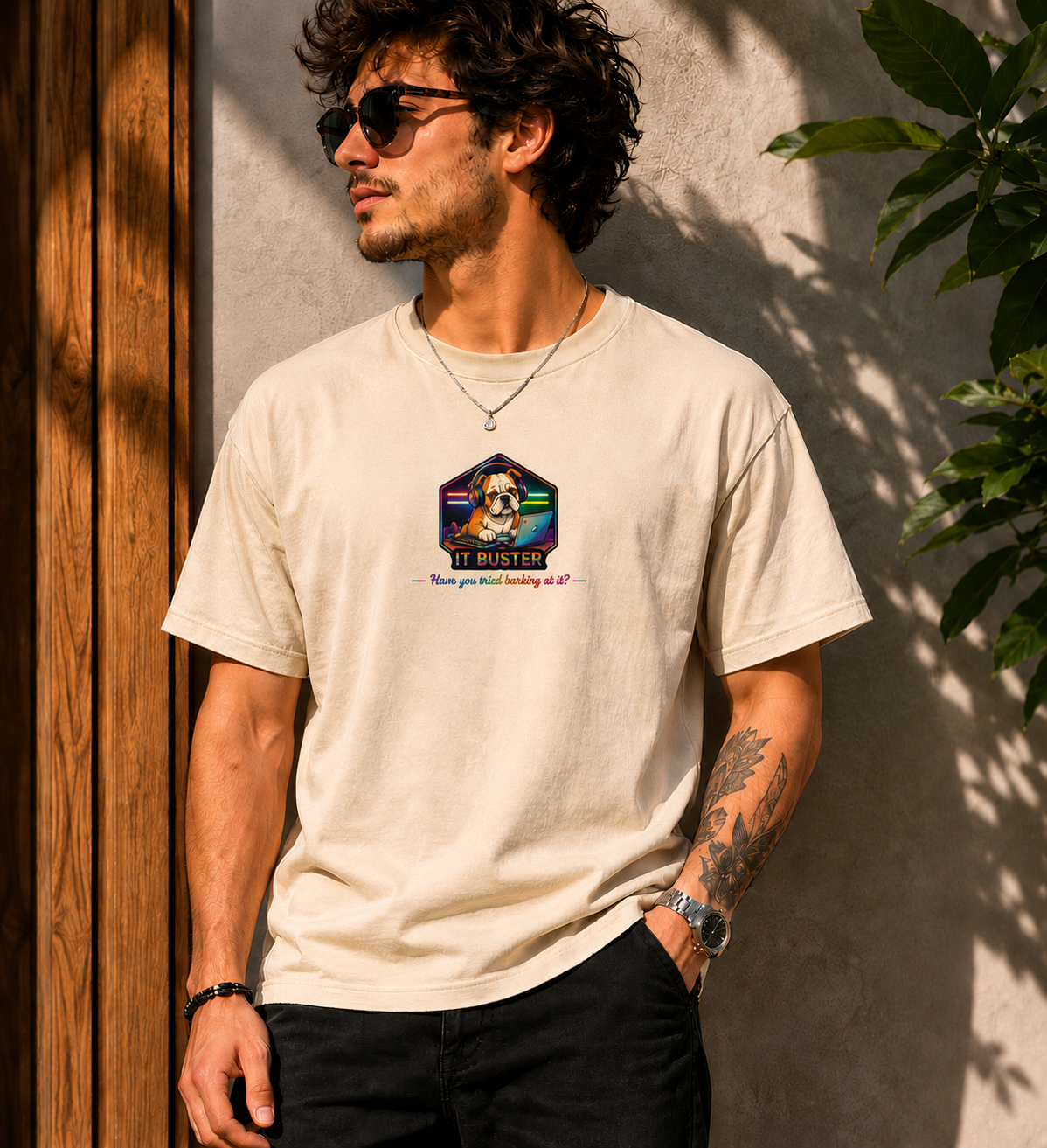 Retro Rainbow Dog Badge T-Shirt | Cute Puppy Graphic Tee