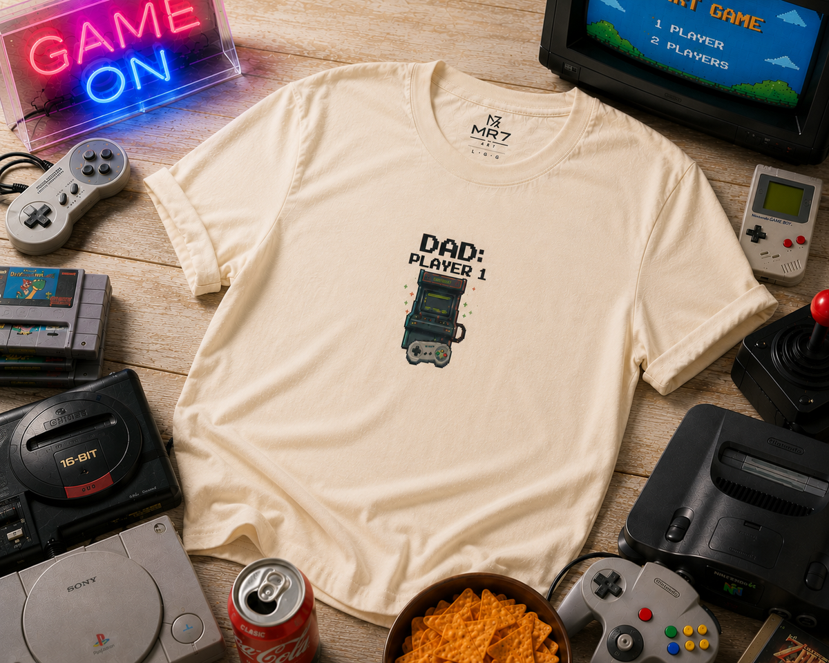 Dad Player 1 Retro Handheld Game T-shirt | Gamer Dad Tee