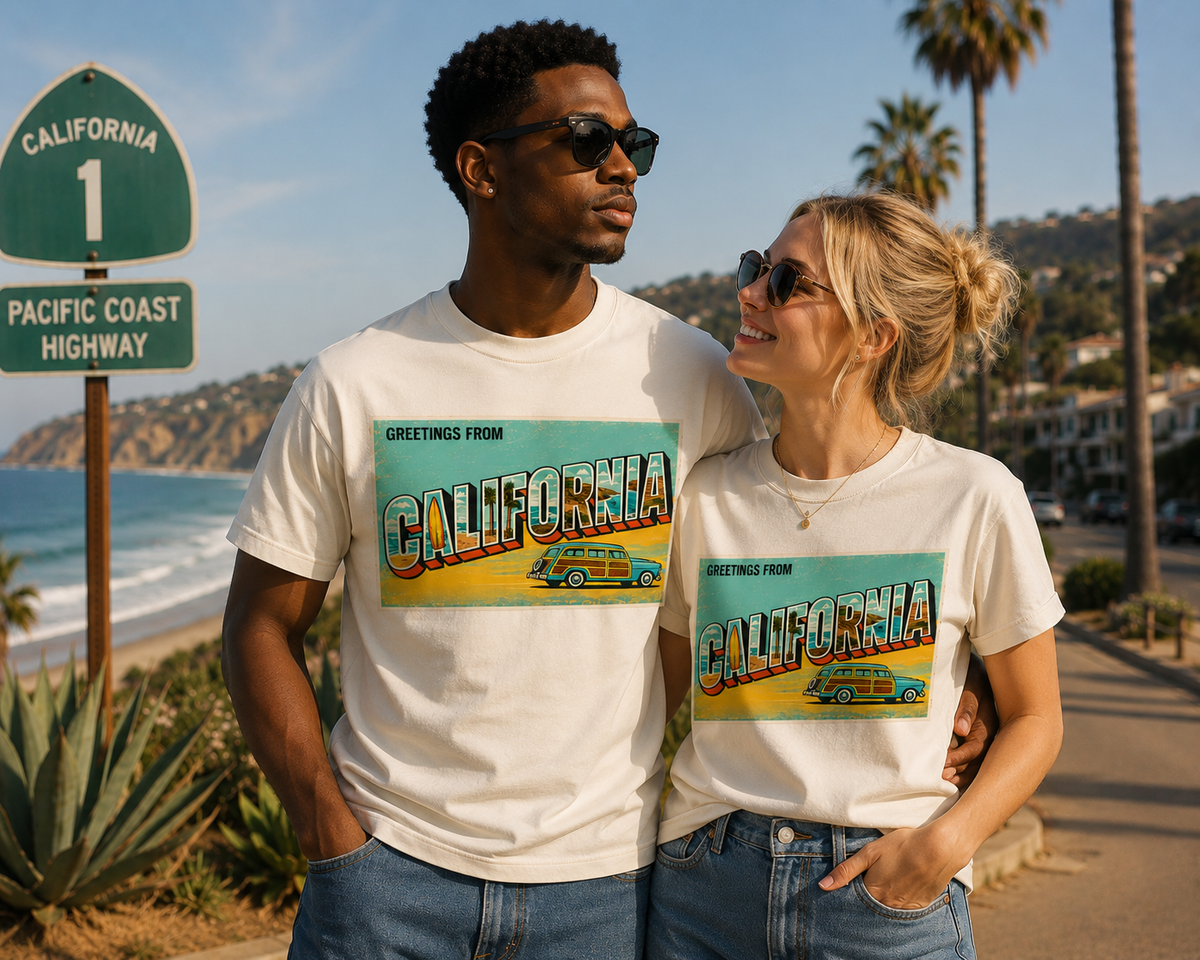 Greetings From California Tee | Vintage Postcard Graphic T-Shirt, Retro Road Trip Shirt