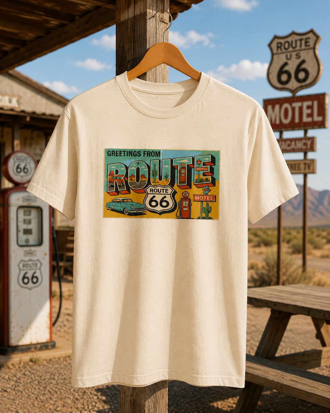 Route 66 Postcard design T-Shirt | Vintage Road Trip tee