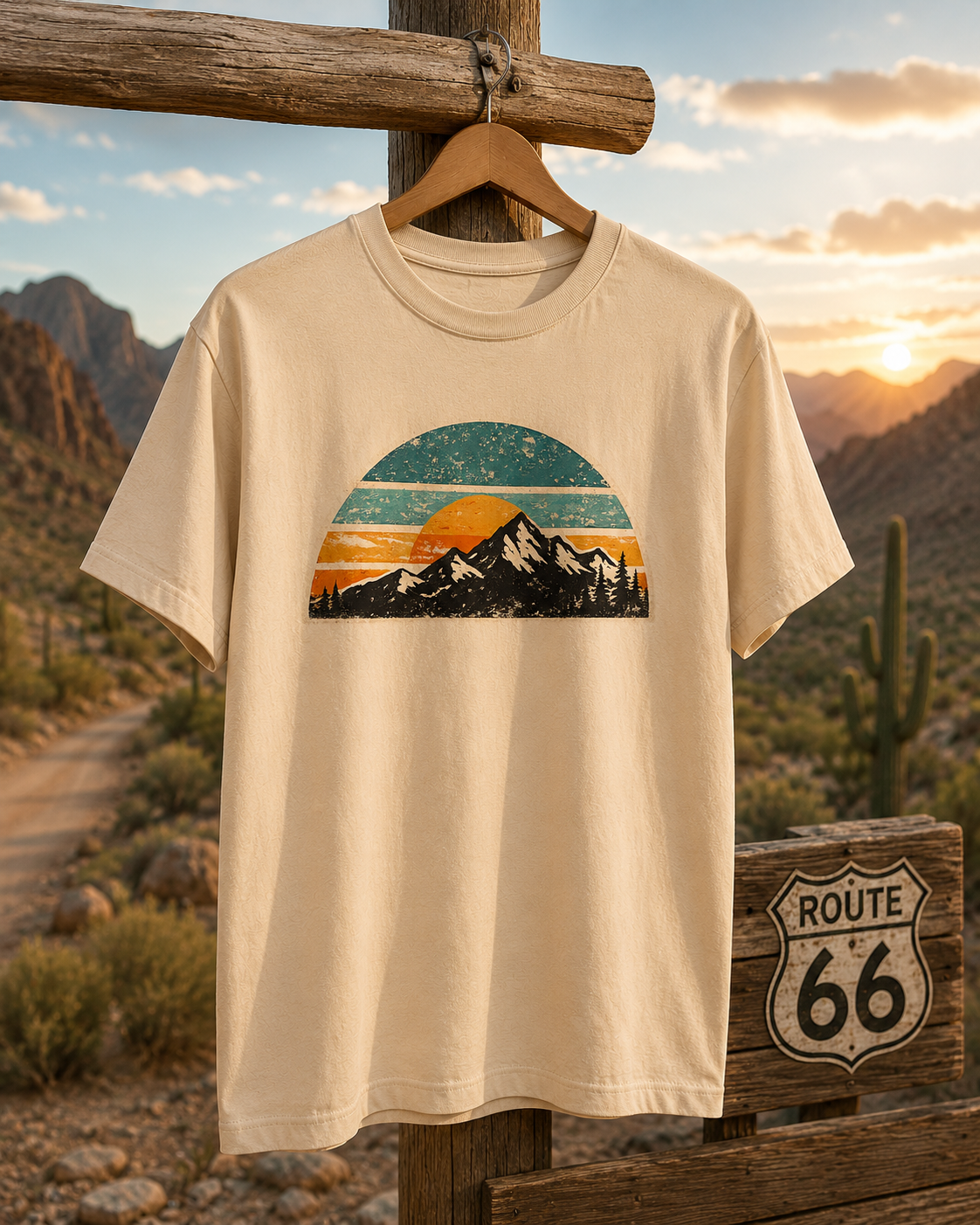 Retro Mountain Sunset Tee | Vintage Striped Mountain Graphic