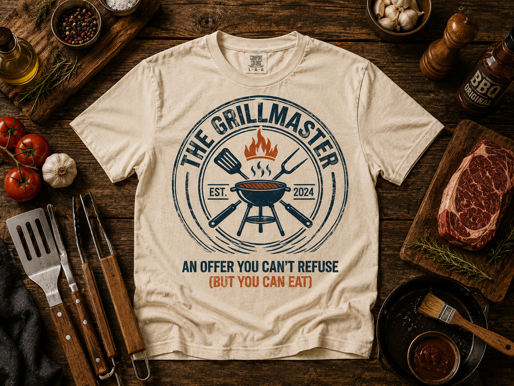 The Grillmaster T-shirt | BBQ Grill Logo, "An Offer You Can't Refuse (But You Can Eat)"