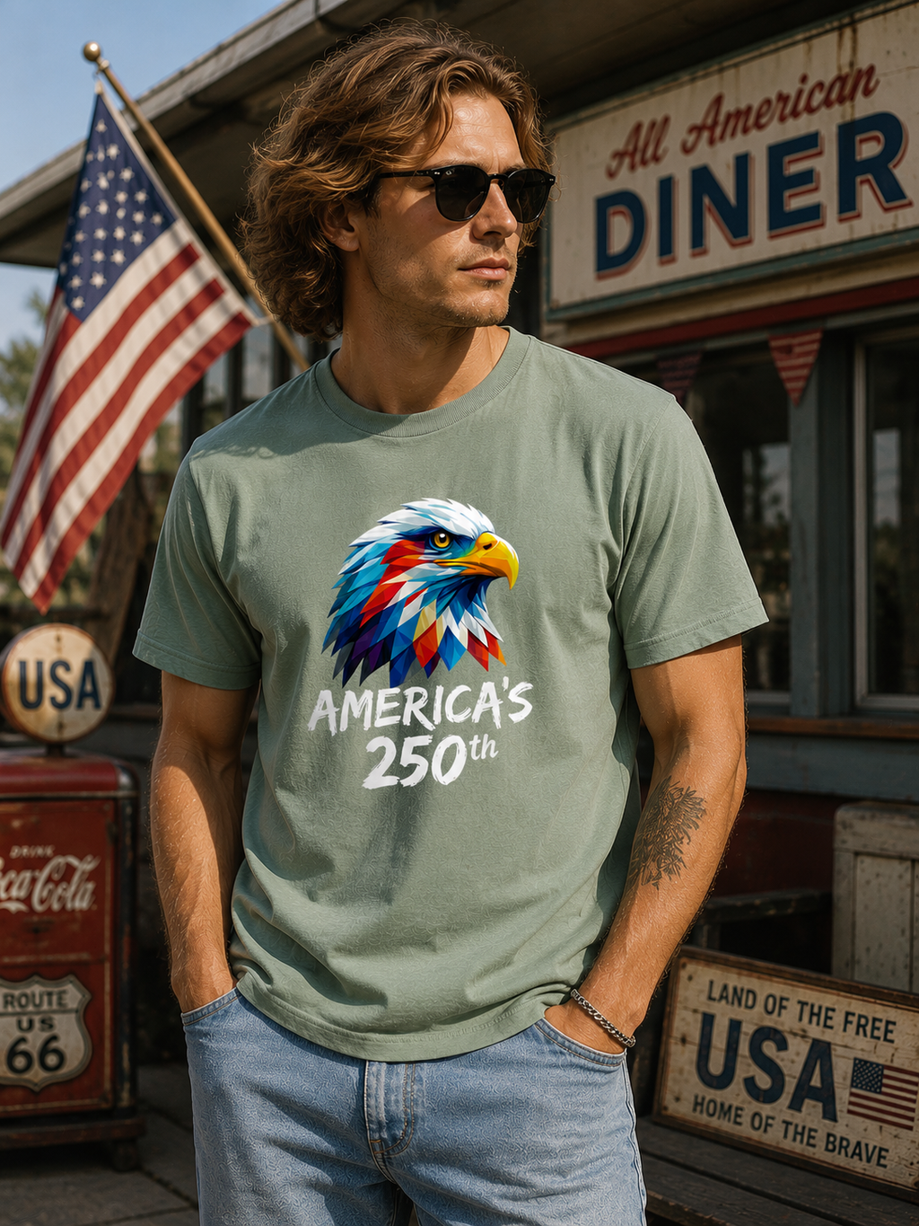 Colorful Geometric Eagle America's 250th T-Shirt | Patriotic Anniversary Tee