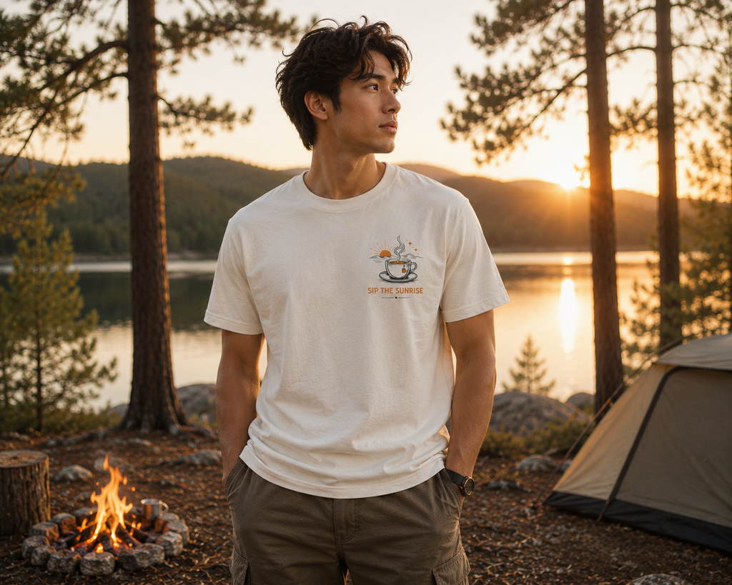 Coffee Sunrise Tee – 'Sip the Sunrise' Minimal Chest Graphic T-Shirt