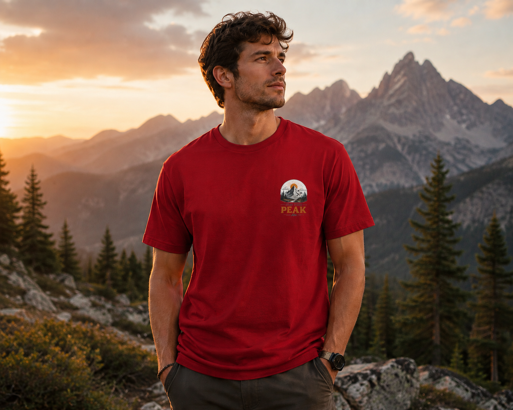 Peak Mountain Tee — Retro Sunrise Hiking T-Shirt