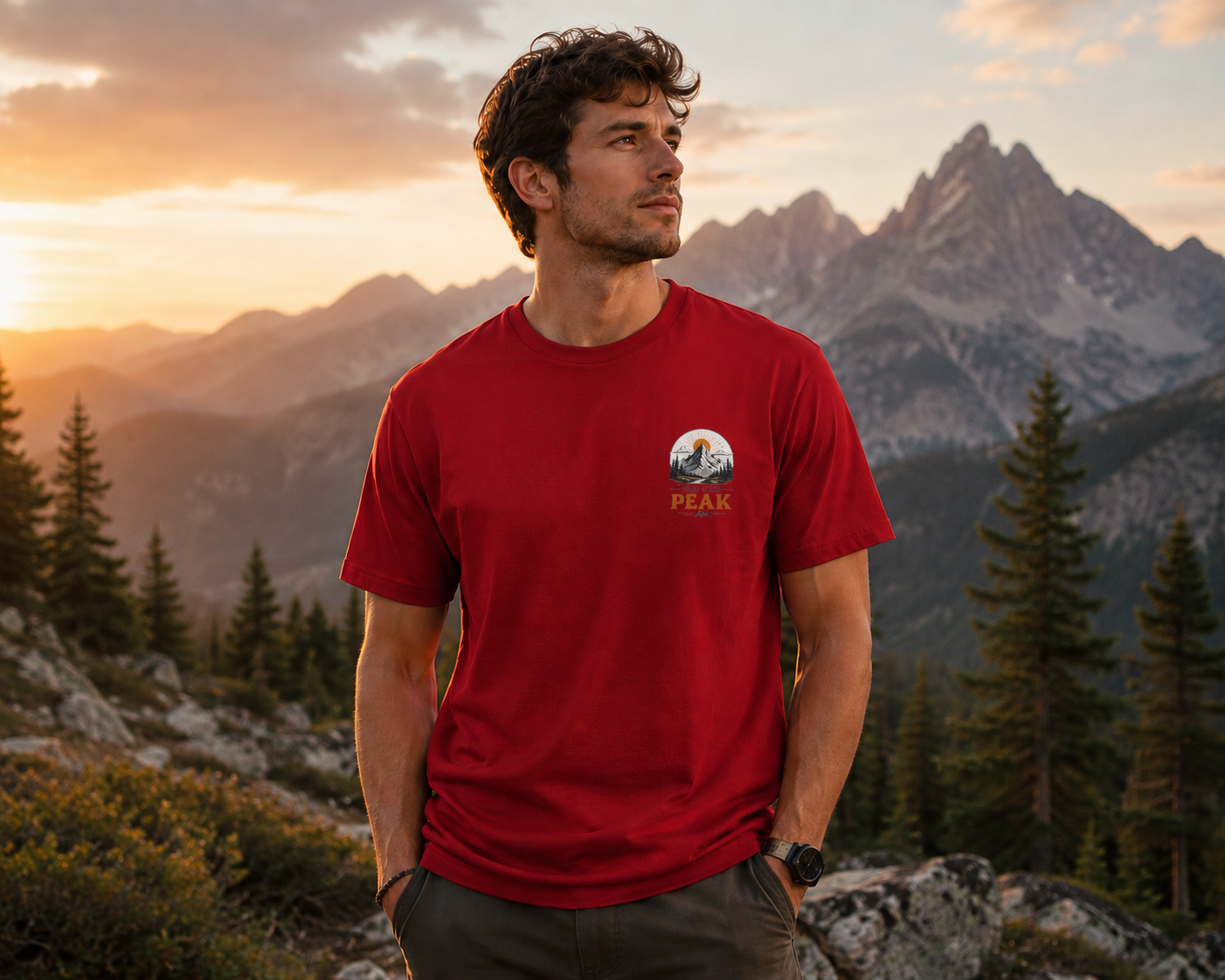 Peak Mountain Tee — Retro Sunrise Hiking T-Shirt