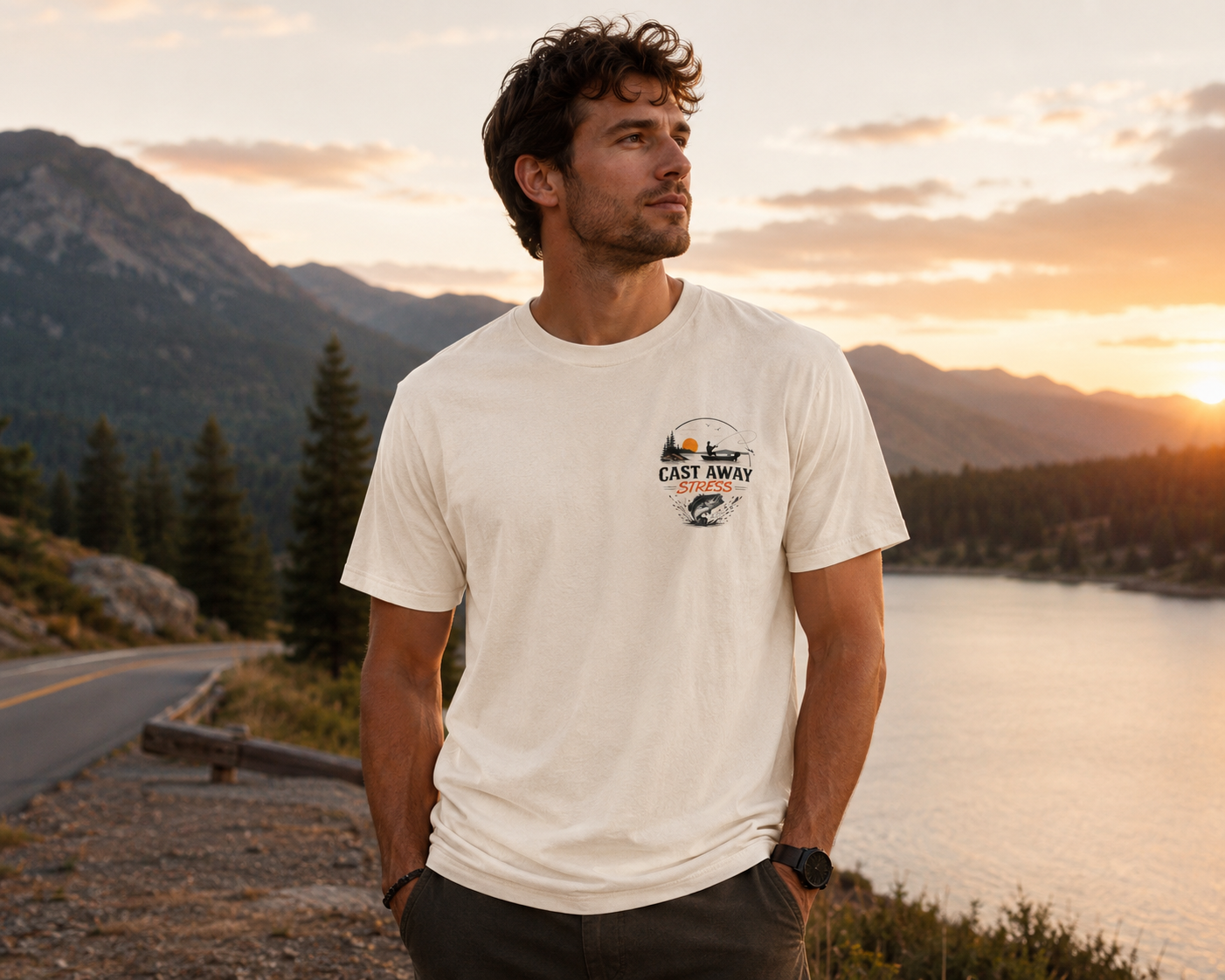 Fishing T-Shirt - "Cast Away" Graphic Tee with Sunset & Bass