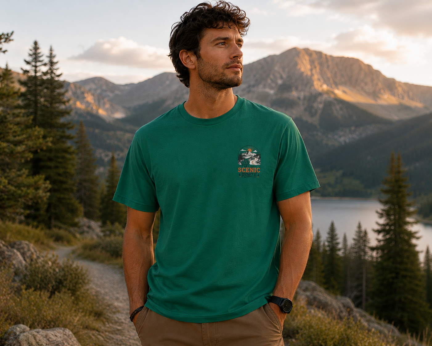 Scenic Route Graphic Tee — Vintage Road Trip Pocket Design