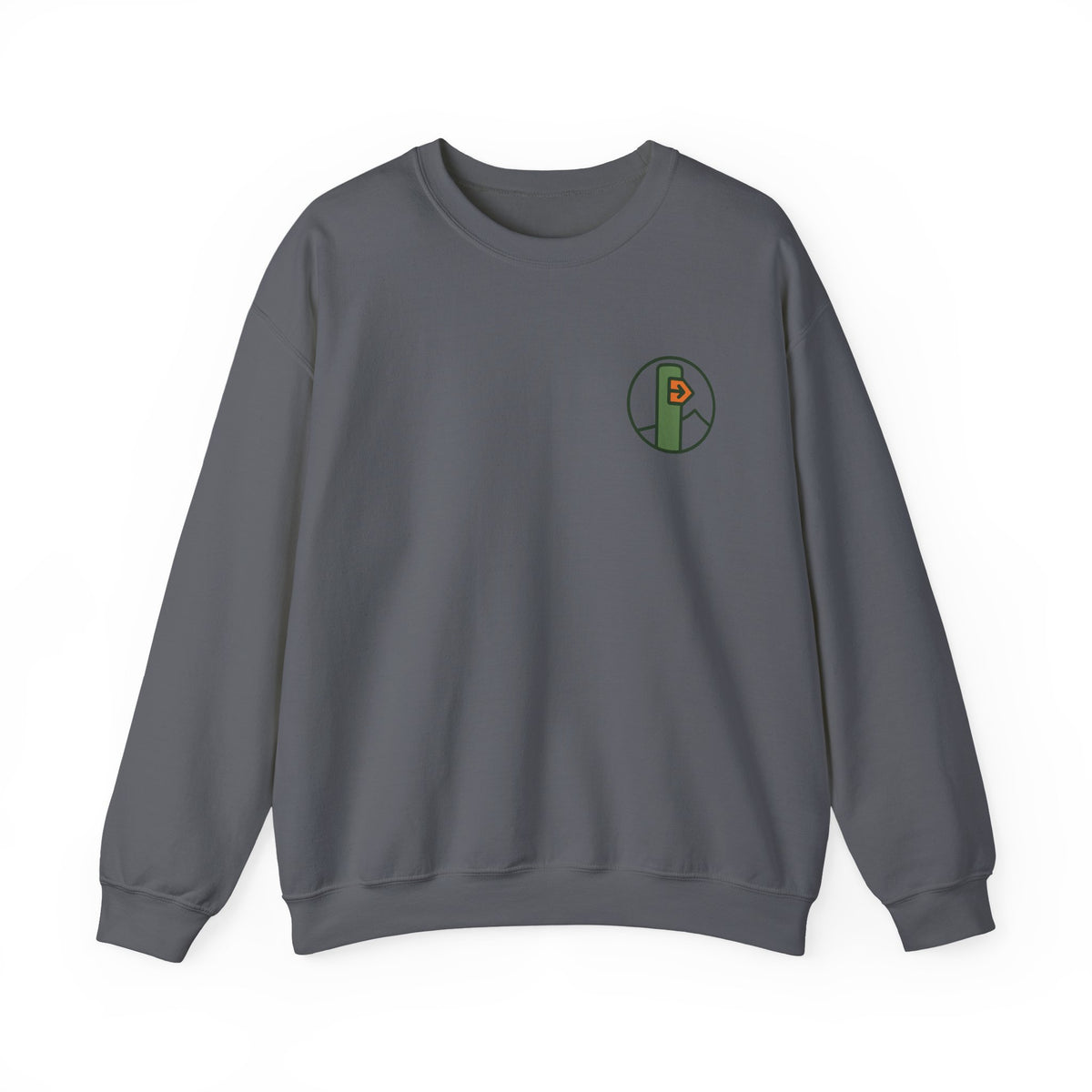 Hiking Sweatshirt | Trail Marker Emblem, Small Chest Print