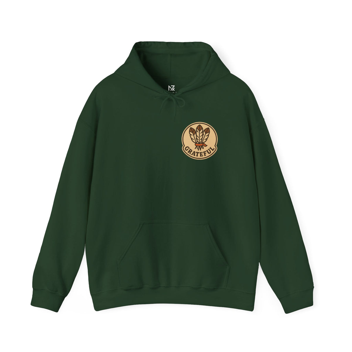 Thanksgiving Hostess Gift Hoodie | Grateful Emblem Over Heart, Small Left-Chest Print