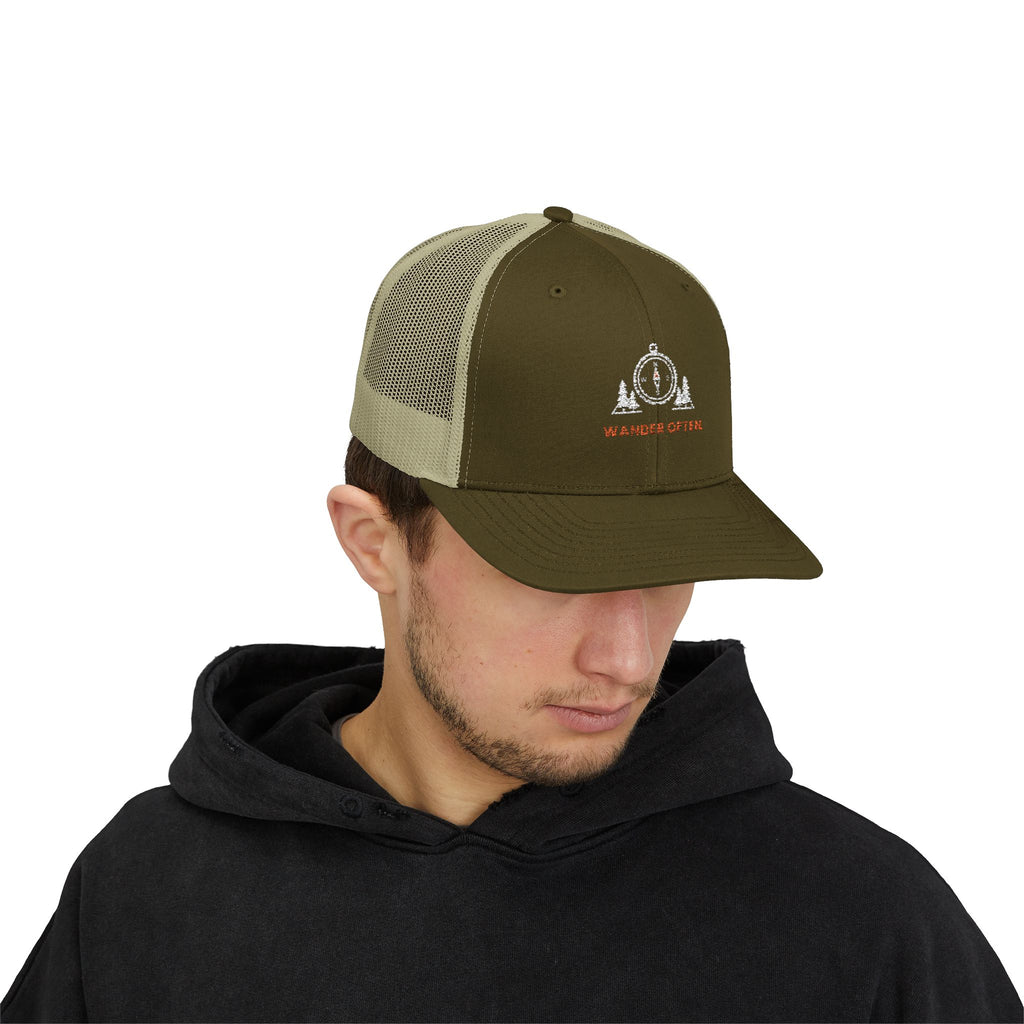 Wander Often Trucker Hat, Vintage Line Art Outdoor Cap, Mesh Back Snapback, Hiking Camping Gift