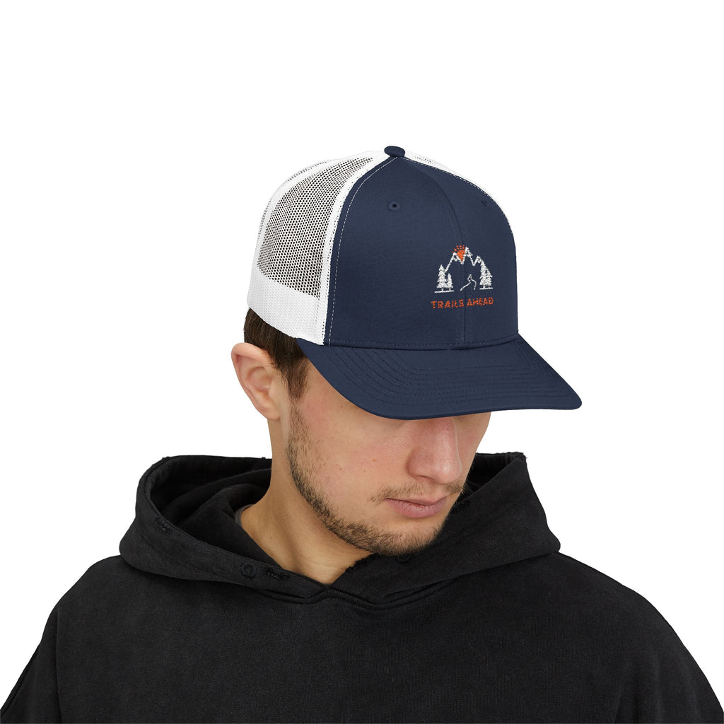 Trails Ahead Trucker Hat, Vintage Line Art Outdoor Cap, Mesh Back Snapback, Hiking Camping Gift