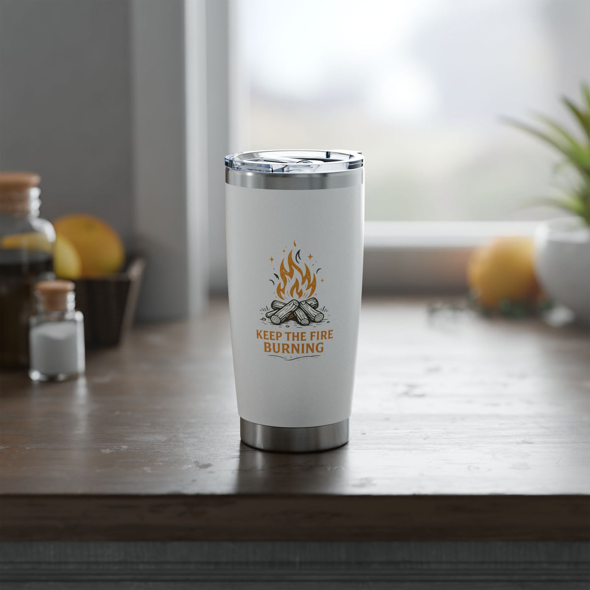 Keep the Fire Burning Campfire Stainless Steel Tumbler 20oz, Insulated Travel Mug, Outdoor Coffee Gift