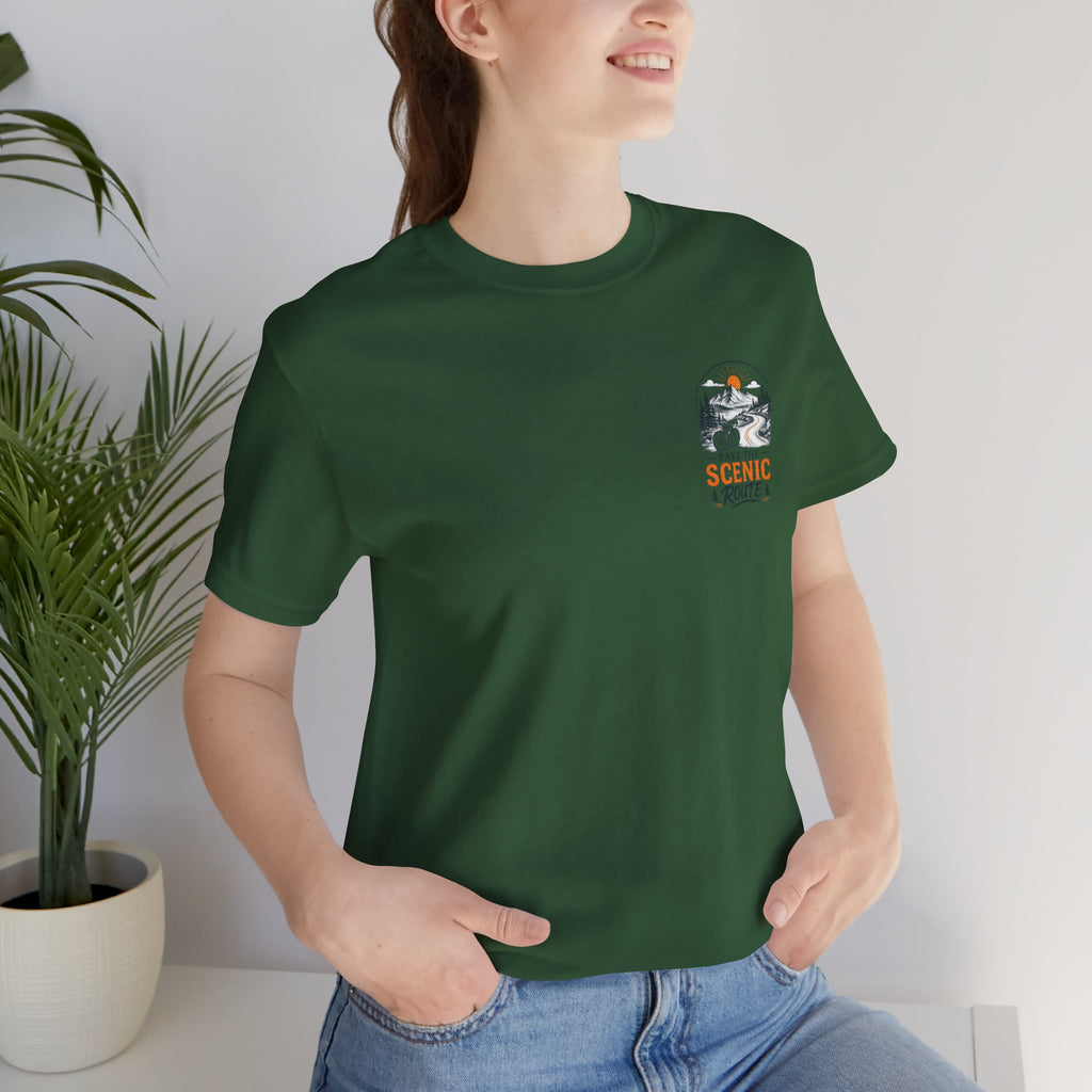 Scenic Route Graphic Tee — Vintage Road Trip Pocket Design