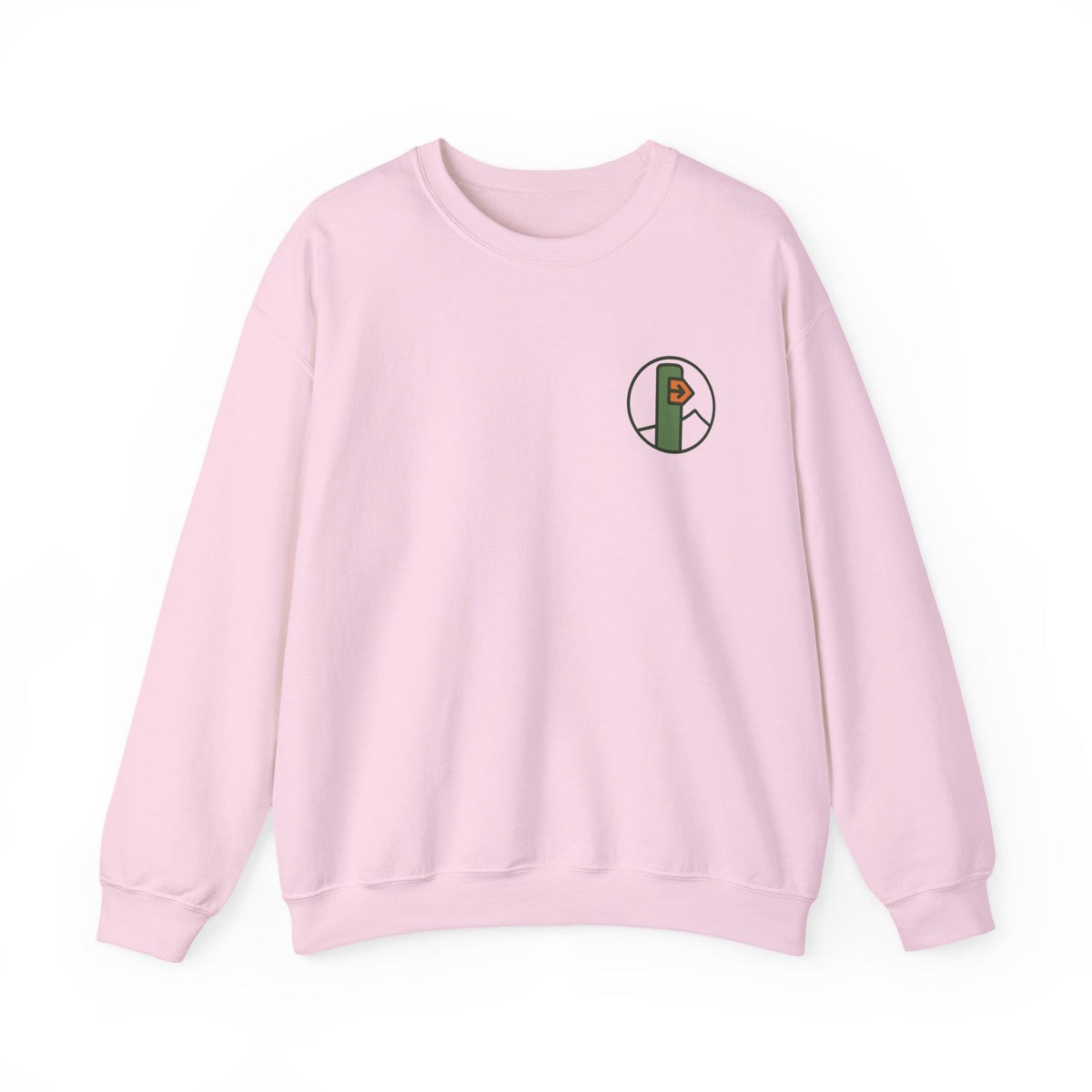 Hiking Sweatshirt | Trail Marker Emblem, Small Chest Print