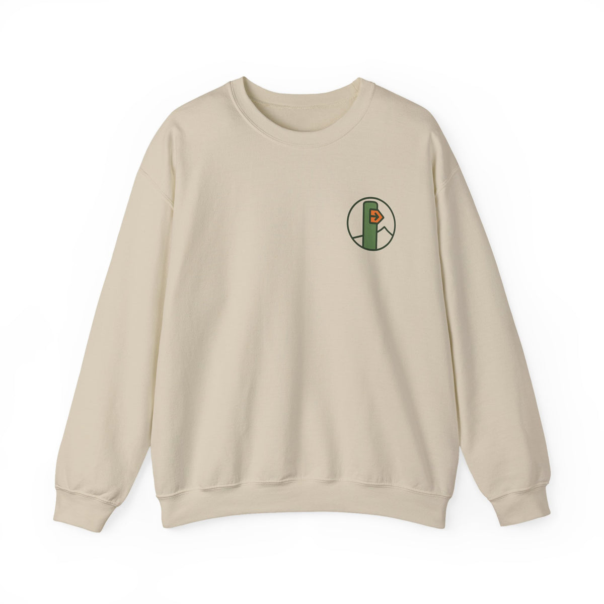 Hiking Sweatshirt | Trail Marker Emblem, Small Chest Print