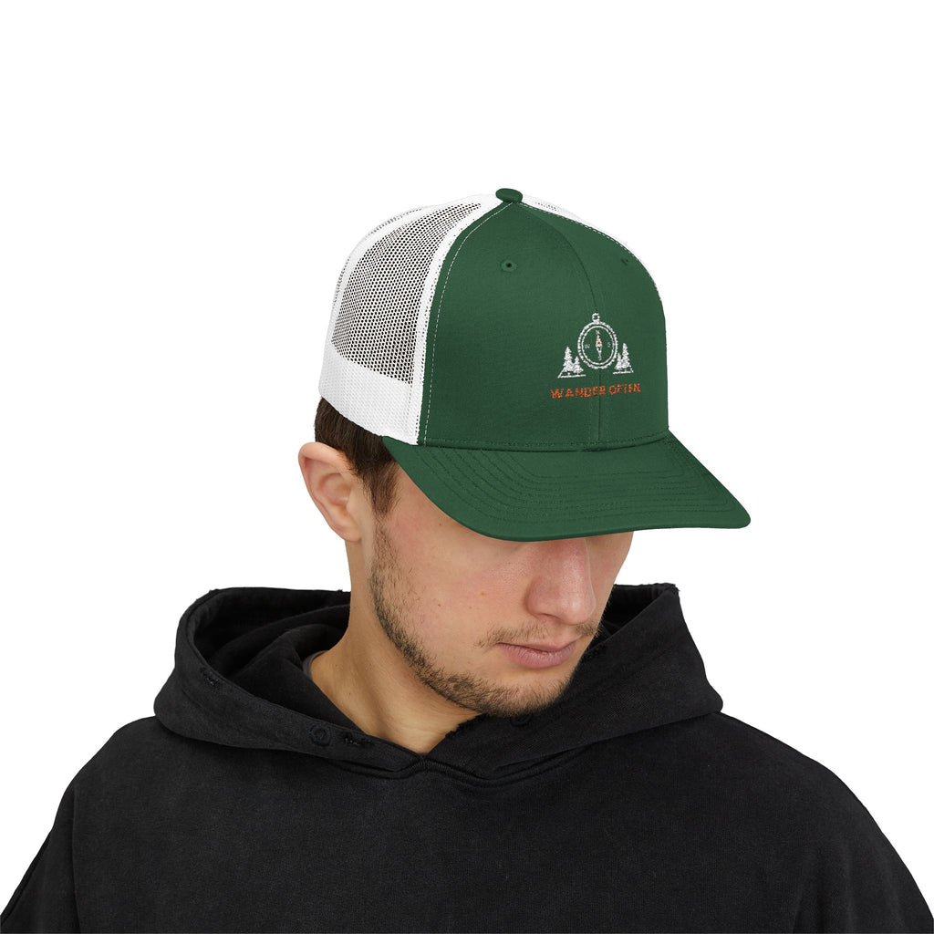 Wander Often Trucker Hat, Vintage Line Art Outdoor Cap, Mesh Back Snapback, Hiking Camping Gift
