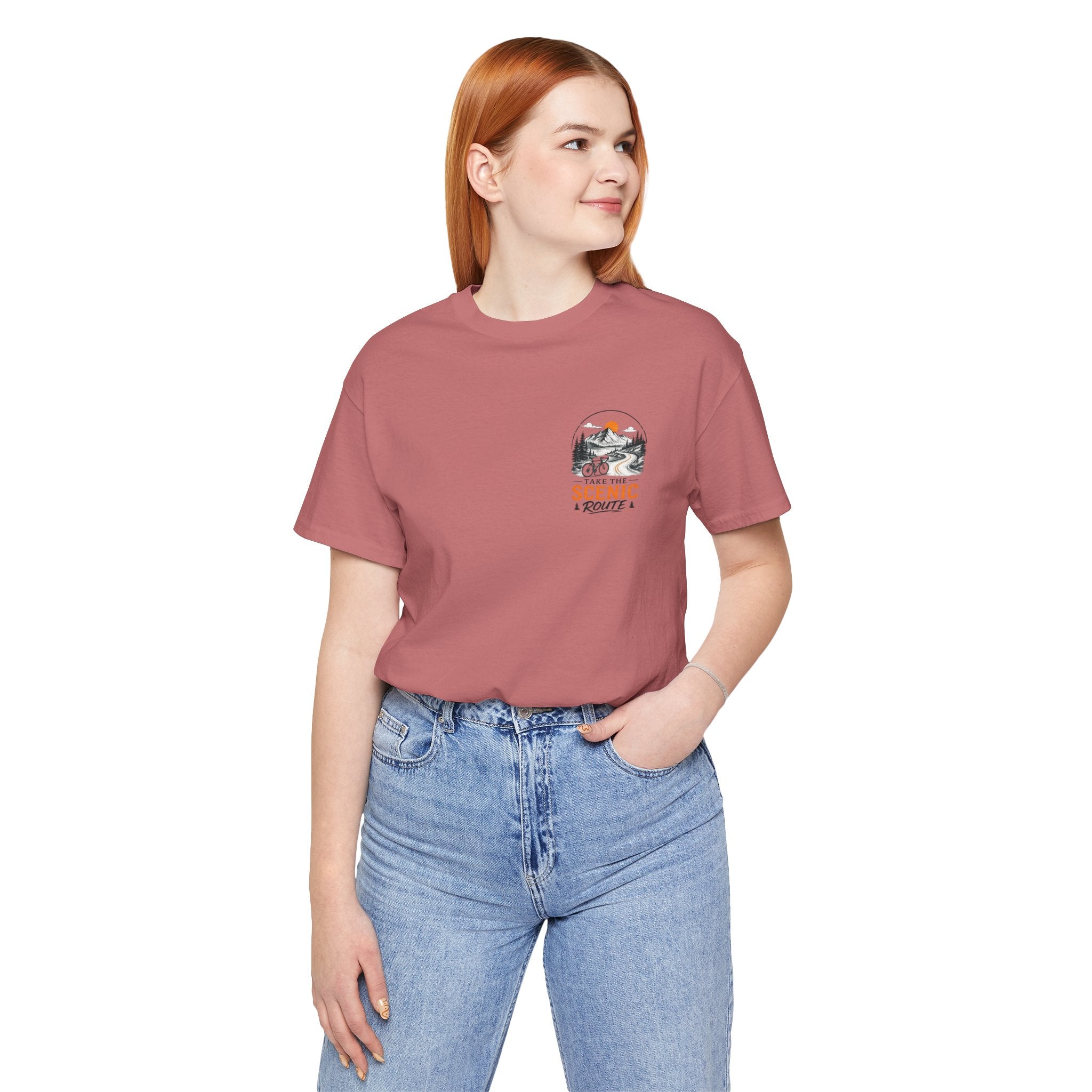 Scenic Route Graphic Tee — Vintage Road Trip Pocket Design