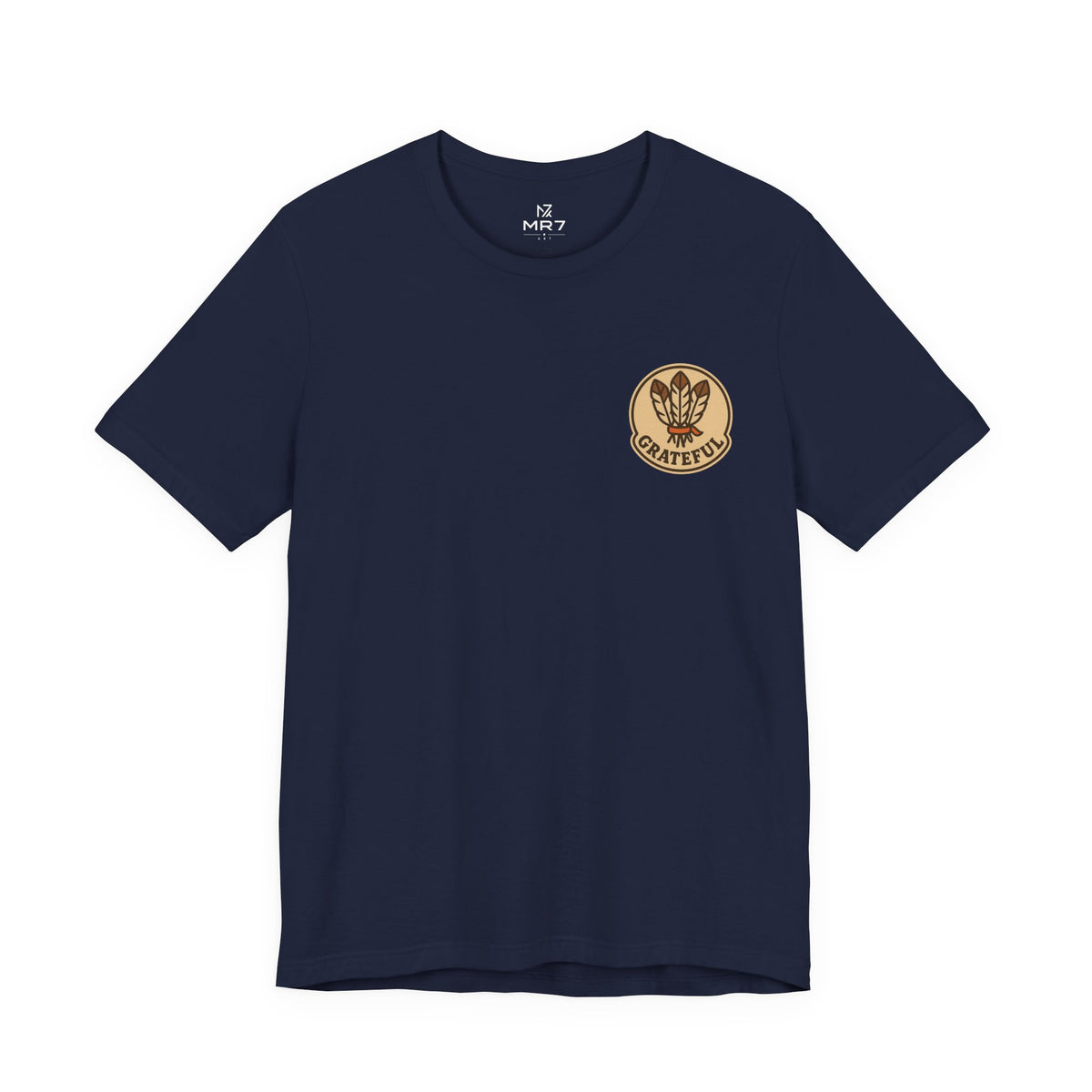 Thanksgiving Hostess Gift Tee | Grateful Emblem Over Heart, Small Left-Chest Print